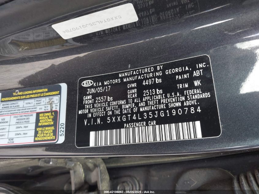 2018 Kia Optima S VIN: 5XXGT4L35JG190784 Lot: 42186863