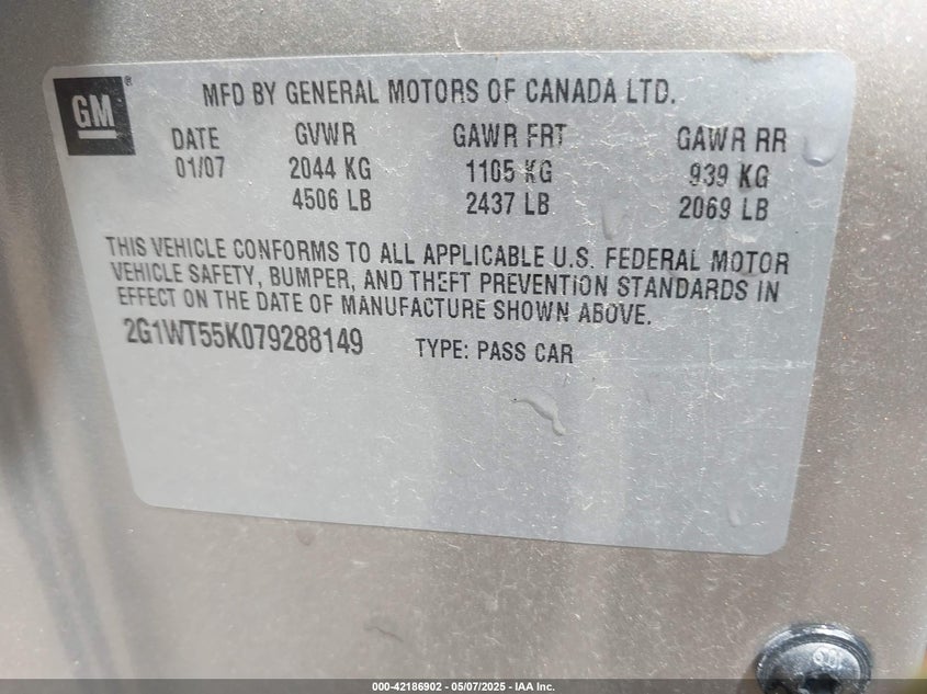 2007 CHEVROLET IMPALA VIN: 2G1WT55K079288149