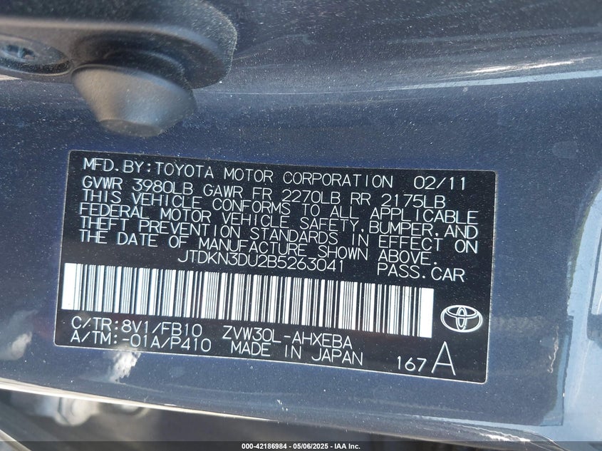 2011 TOYOTA PRIUS VIN: JTDKN3DU2B5263041