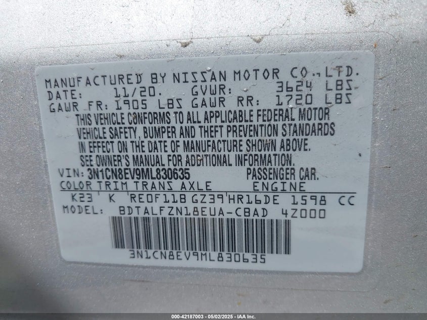 2021 NISSAN VERSA SV XTRONIC CVT - 3N1CN8EV9ML830635