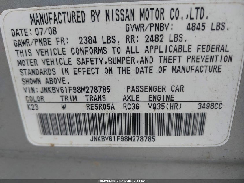 2008 INFINITI G35X VIN: JNKBV61F98M278785