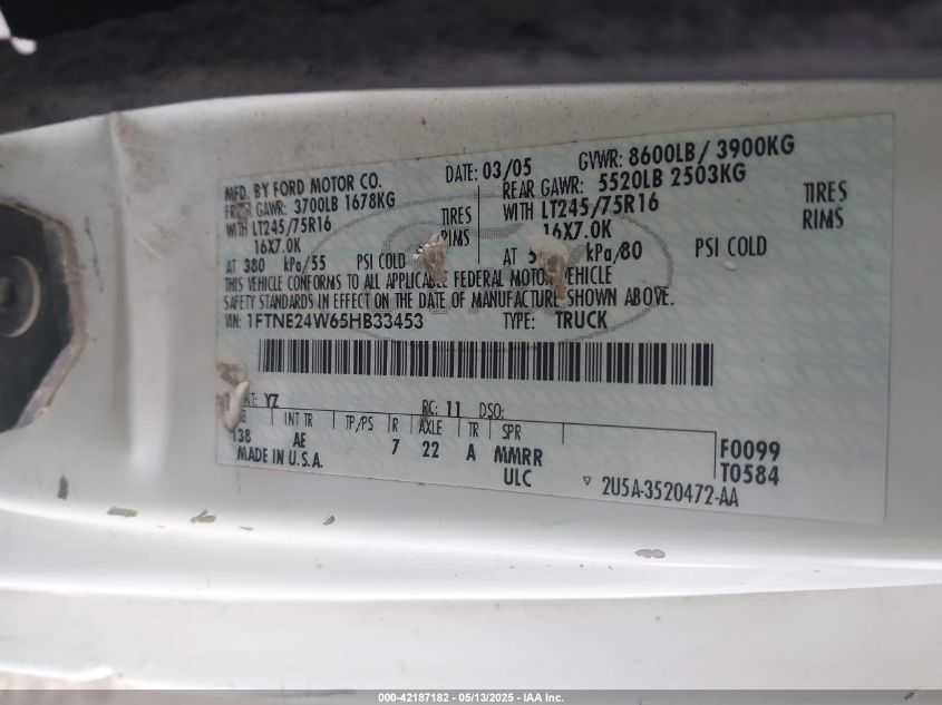 2004 Ford Econoline E250 Van VIN: 1FTNS24L04HA24581 Lot: 42187182