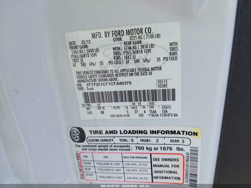 2012 FORD F-150 VIN: 1FTFW1CF1CFA80375