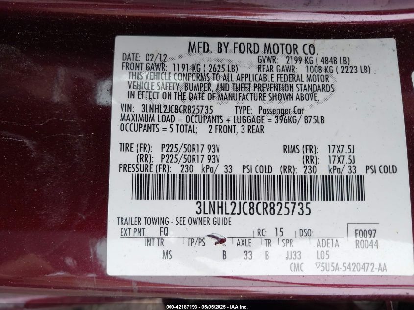 2012 Lincoln Mkz VIN: 3LNHL2JC8CRB25735 Lot: 42187193