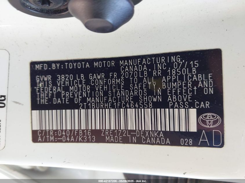 2015 Toyota Corolla Le VIN: 2T1BURHE1FC464558 Lot: 42187206