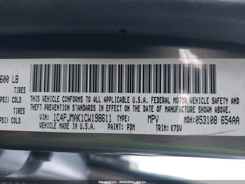 2012 JEEP LIBERTY VIN: 1C4PJMAK1CW198611