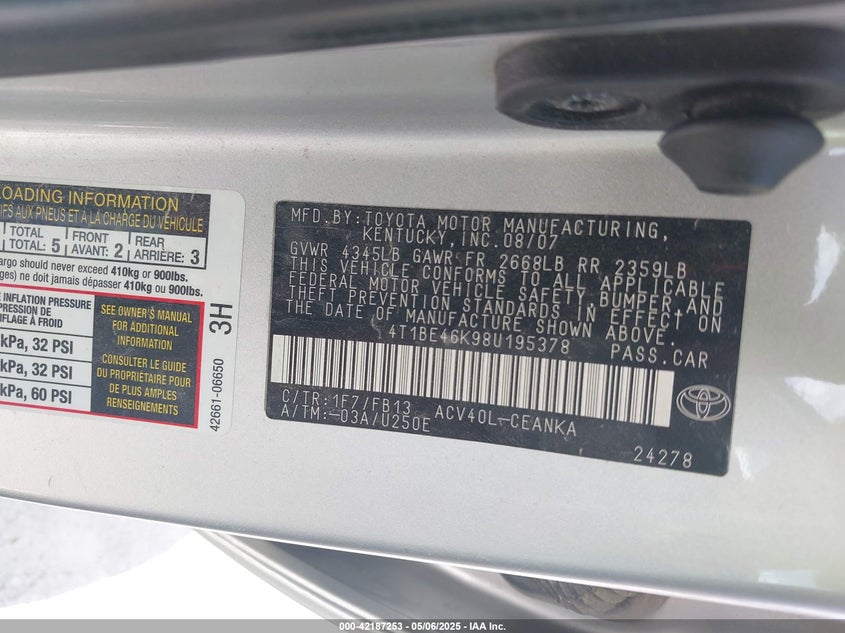 2008 TOYOTA CAMRY VIN: 4T1BE46K98U195378