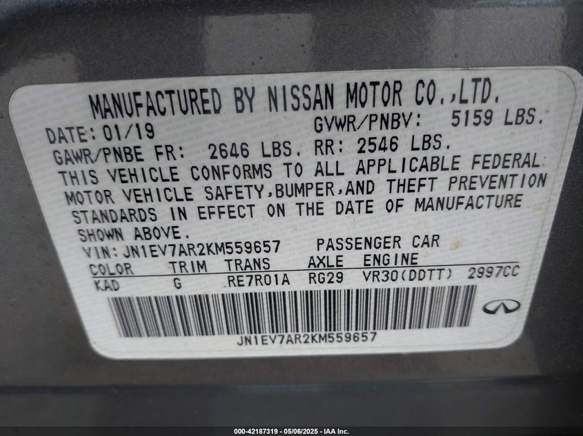 2019 INFINITI Q50 VIN: JN1EV7AR2KM559657