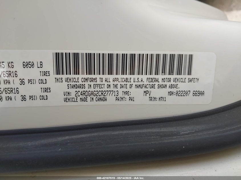 2012 RAM CARGO VIN: 2C4RDGAG2CR277713