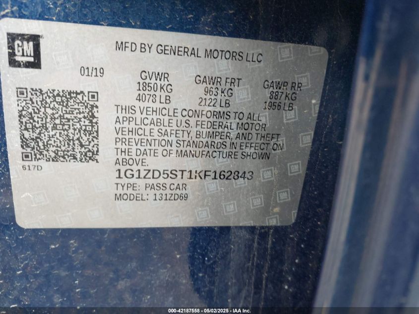 2019 Chevrolet Malibu Lt VIN: 1G1ZD5ST1KF162843 Lot: 42187558