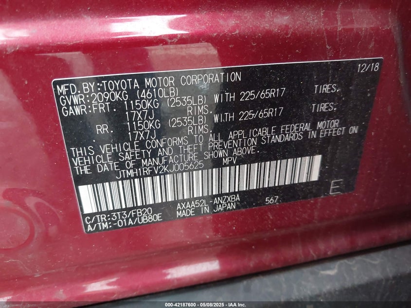 2019 TOYOTA RAV4 VIN: JTMH1RFV2KJ005625