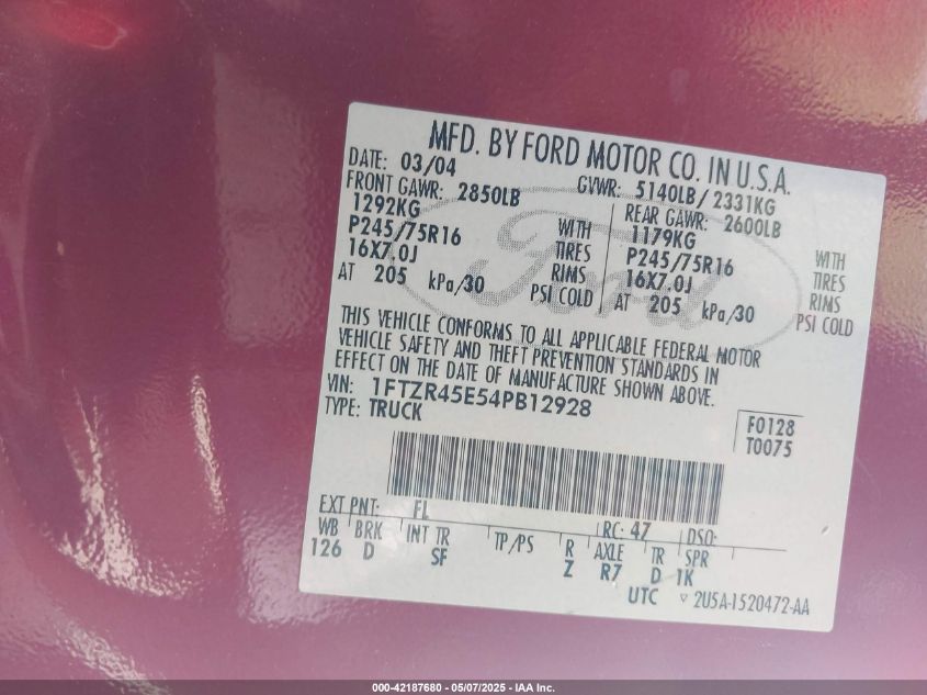 2004 Ford Ranger Edge/Tremor/Xlt VIN: 1FTZR45E64PB12923 Lot: 42187680