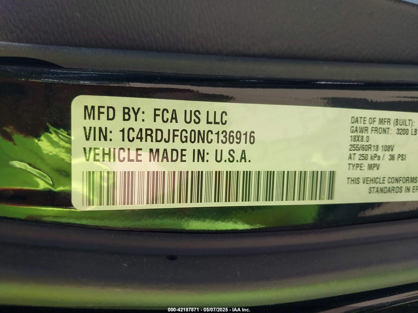 2022 DODGE DURANGO PU VIN: 1C4RDJFG0NC136916
