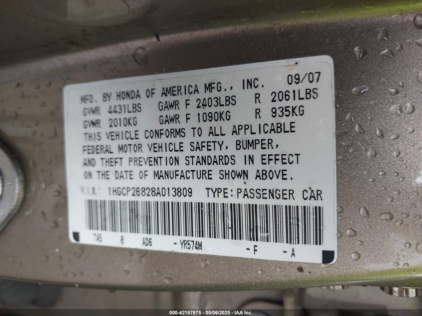 2008 HONDA ACCORD VIN: 1HGCP26828A013809