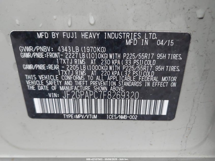 2015 SUBARU XV CROSSTREK 2.0I LIMITED - JF2GPAPC7F8269320