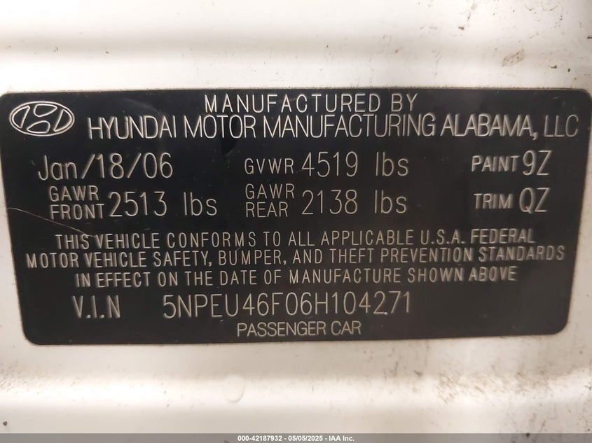 2006 HYUNDAI SONATA VIN: 5NPEU46F06H104271