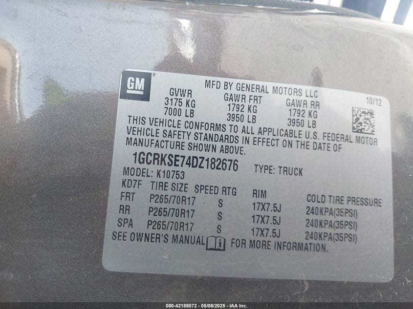2013 CHEVROLET SILVERADO 1500 VIN: 1GCRKSE74DZ182676