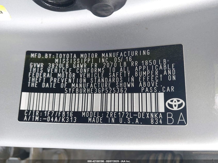 2016 TOYOTA COROLLA VIN: 5YFBURHE3GP525362