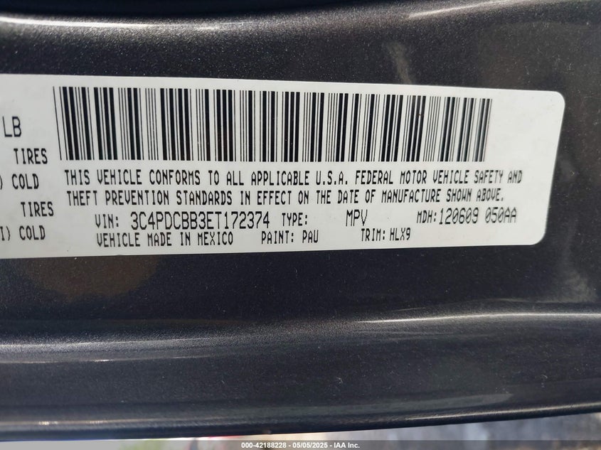 2014 DODGE JOURNEY VIN: 3C4PDCBB3ET172374
