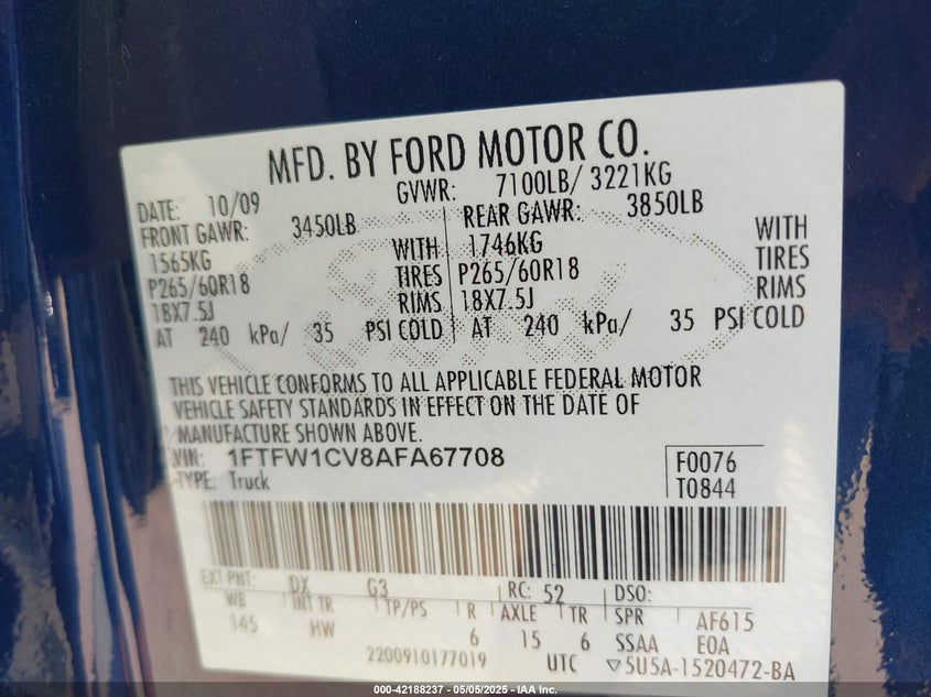 2010 FORD F-150 VIN: 1FTFW1CV8AFA67708
