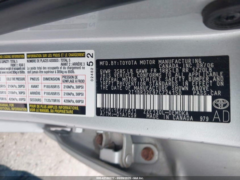 2007 TOYOTA COROLLA VIN: 2T1BR32E97C724150