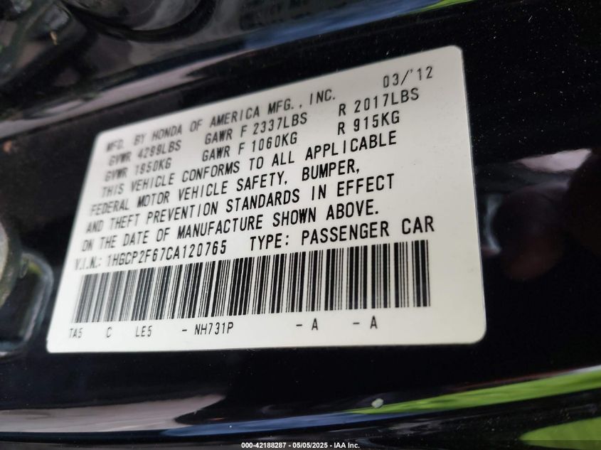 2012 Honda Accord 2.4 Se VIN: 1HGCP2F67CA120765 Lot: 42188287