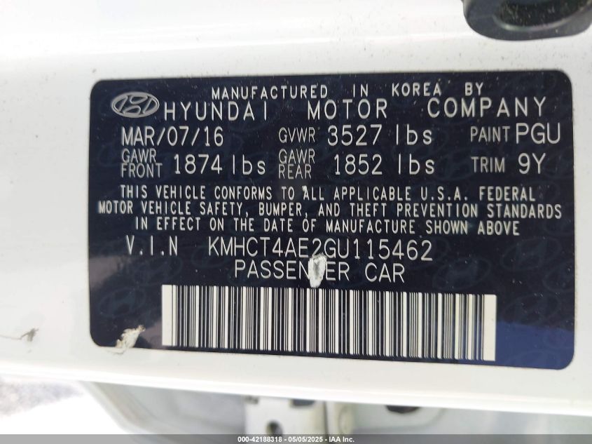2016 Hyundai Accent Se VIN: KMHCT4AE2GU115462 Lot: 42188318