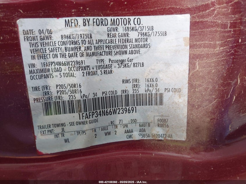 2006 FORD FOCUS VIN: 1FAFP34N66W239691