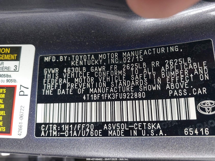 2015 TOYOTA CAMRY VIN: 4T1BF1FK3FU922880