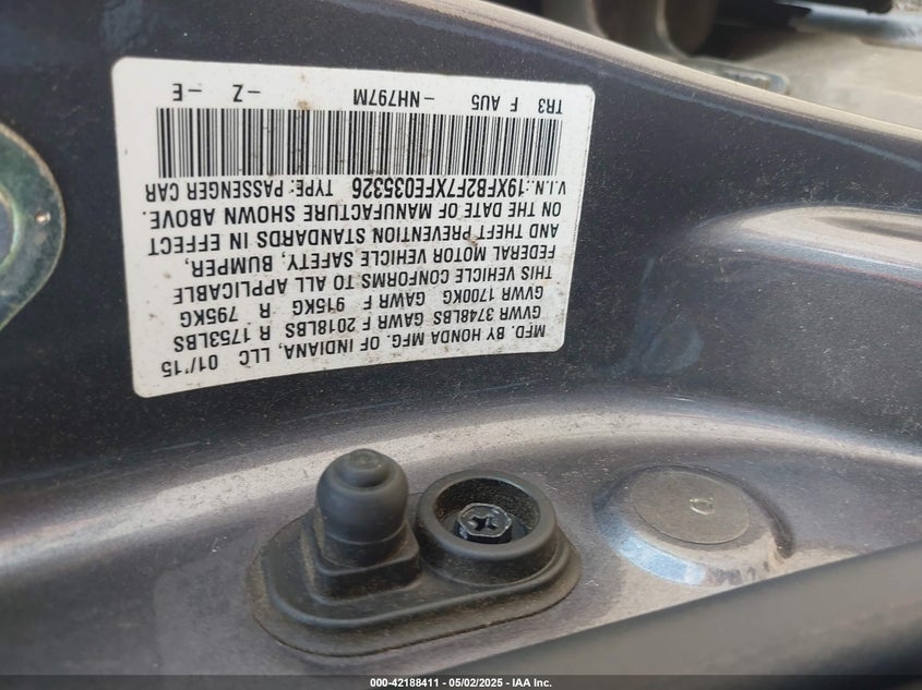 2015 HONDA CIVIC VIN: 19XFB2F7XFE035326
