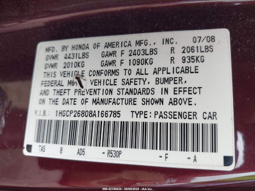2008 Honda Accord 2.4 Ex-L VIN: 1HGCP26808A166785 Lot: 42188434