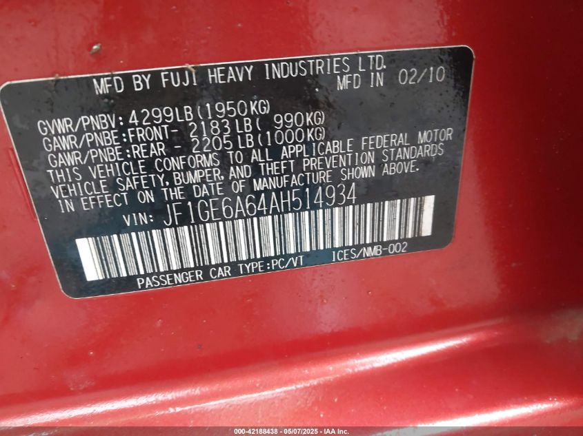 2010 Subaru Impreza VIN: JF1GE6A63ANS14934 Lot: 42188438