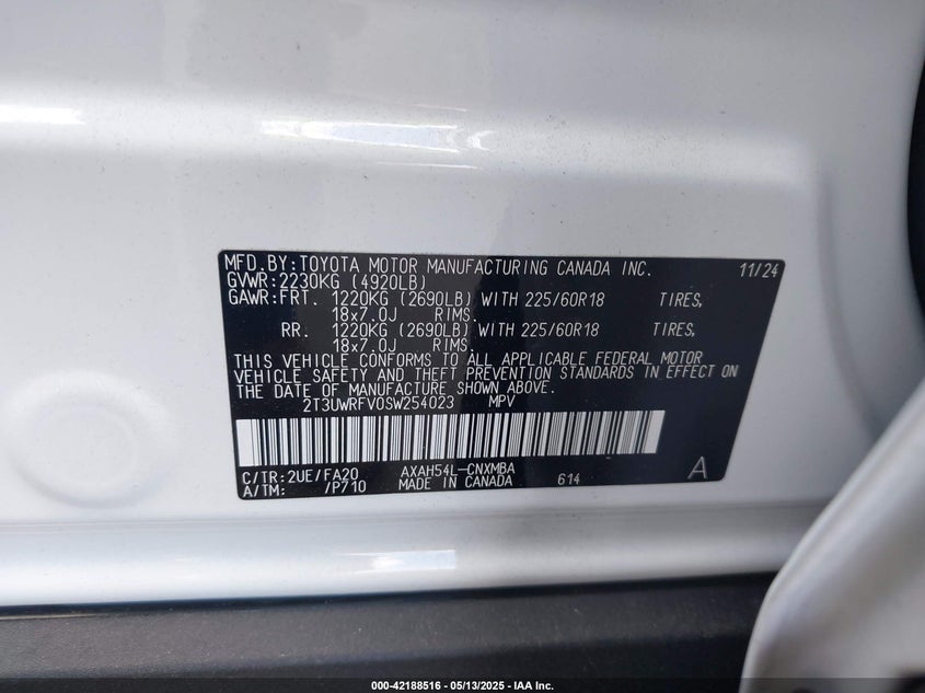 2025 TOYOTA RAV4 HYBRID 2.5L I-4 DI, DOHC, V(VIN: 2T3UWRFV0SW254023