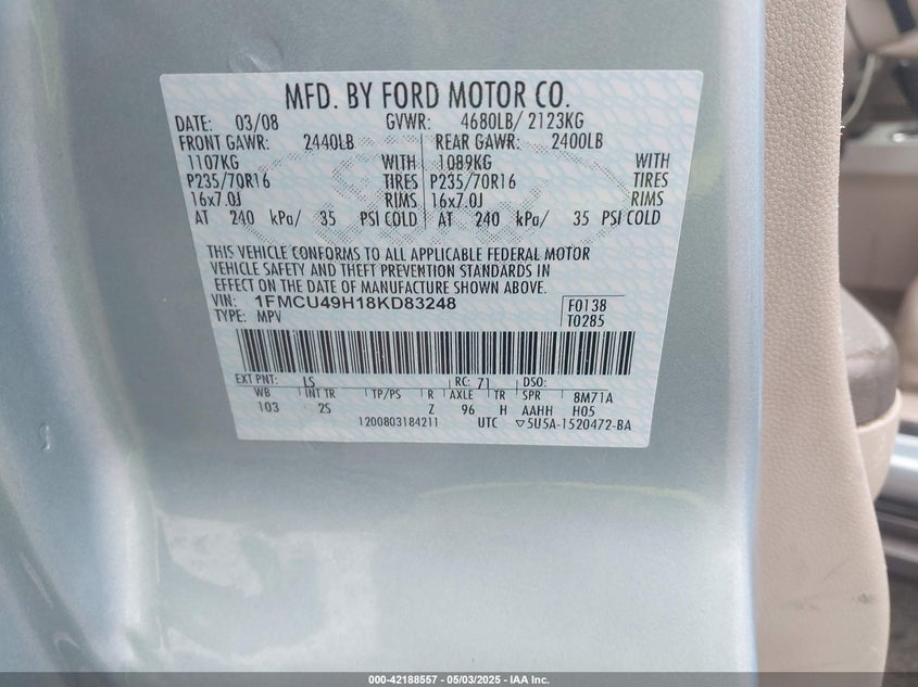2008 FORD ESCAPE HYBRID VIN: 1FMCU49H18KD83248
