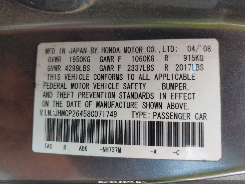 2008 Honda Accord 2.4 Lx-P VIN: JHMCP26458C071749 Lot: 42188635