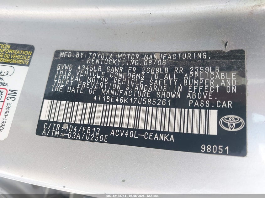 2007 TOYOTA CAMRY VIN: 4T1BE46K17U585261