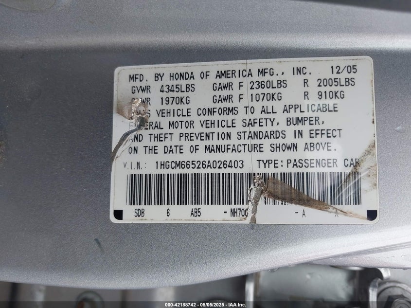 2006 HONDA ACCORD VIN: 1HGCM66526A026403