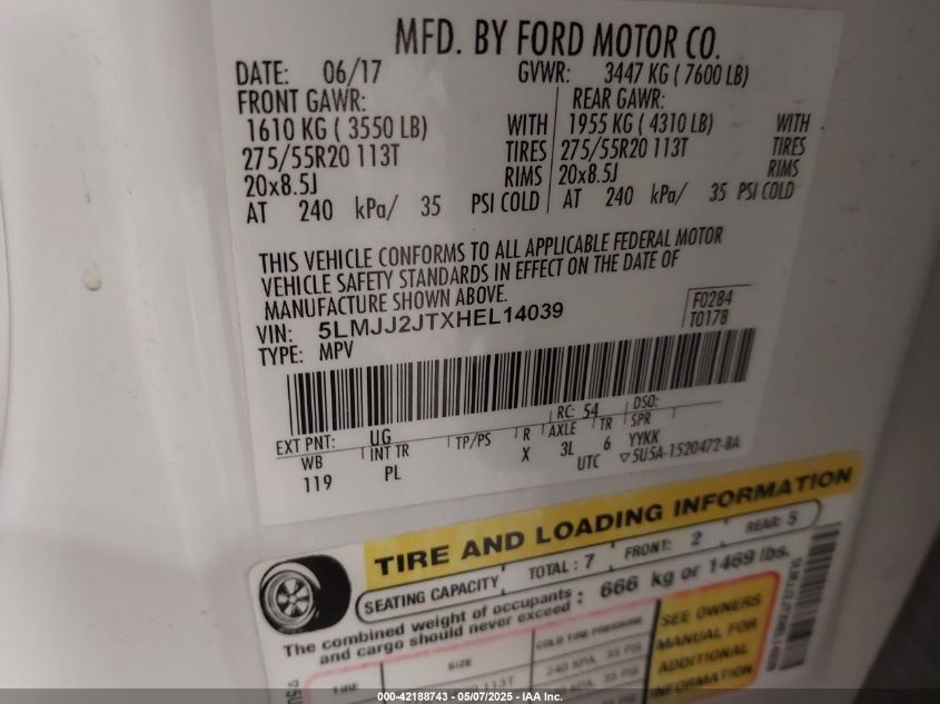 2017 Lincoln Navigator Select VIN: 5LMJJ2JTXHEL14039 Lot: 42188743