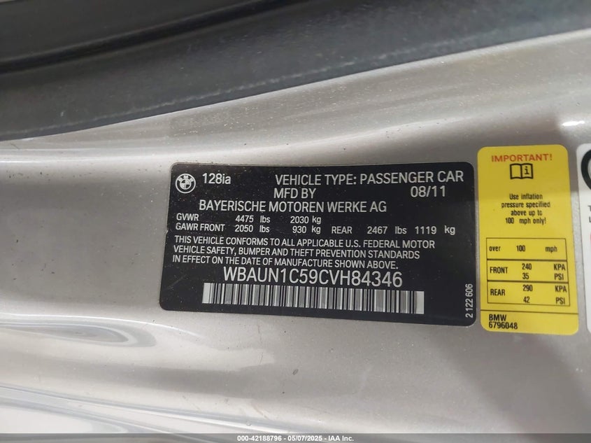 2012 BMW 128I VIN: WBAUN1C59CVH84346
