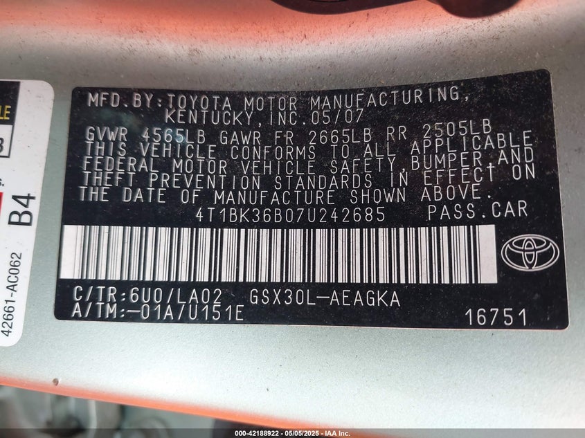 2007 TOYOTA AVALON VIN: 4T1BK36B07U242685