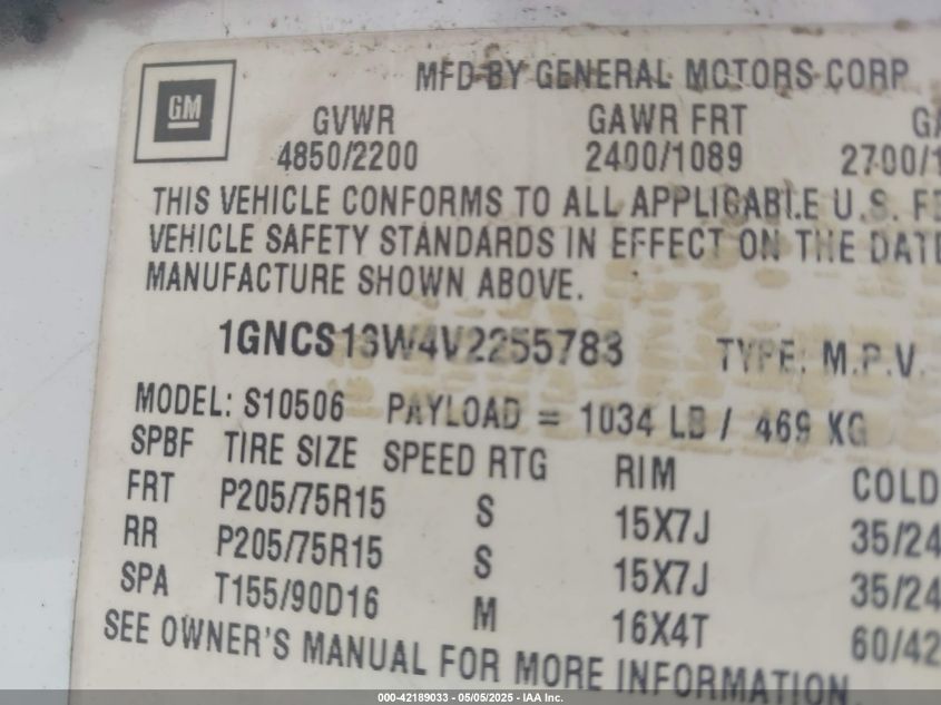 1997 Chevrolet Blazer Ls VIN: 1GNCS13W4V2255783 Lot: 42189033