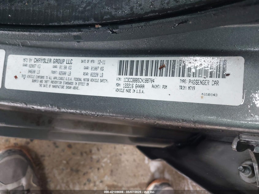 2012 CHRYSLER 200 VIN: 1C3CCBBB5CN188704