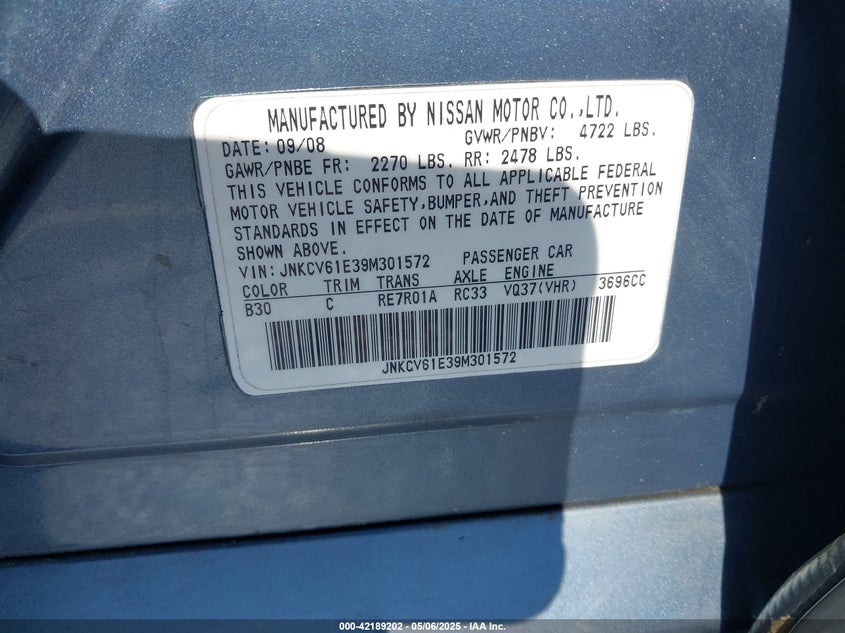 2009 INFINITI G37 VIN: JNKCV61E39M301572