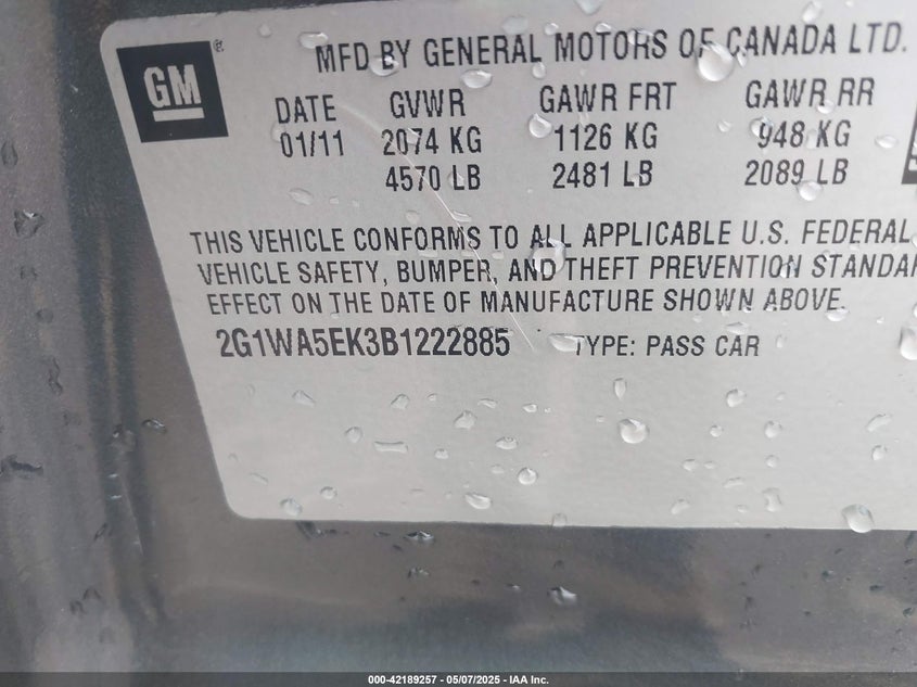 2011 CHEVROLET IMPALA VIN: 2G1WA5EK3B1222885