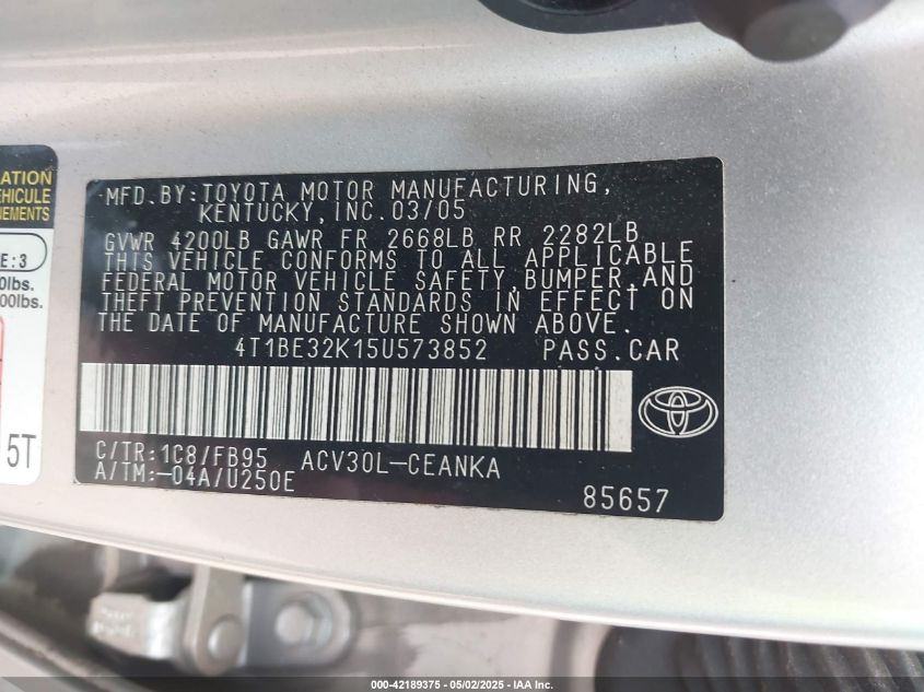 2005 Toyota Camry Le/Se/Std/Xle VIN: 4T1BE32K154573852 Lot: 42189375