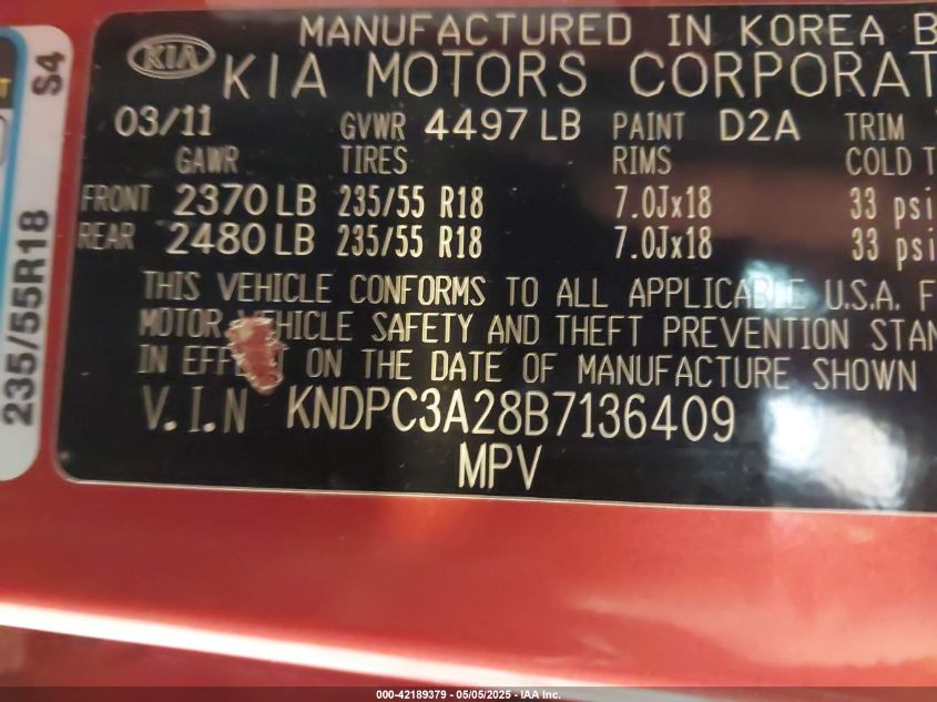 2011 Kia Sportage Ex VIN: KNDPC3A28B7136409 Lot: 42189379