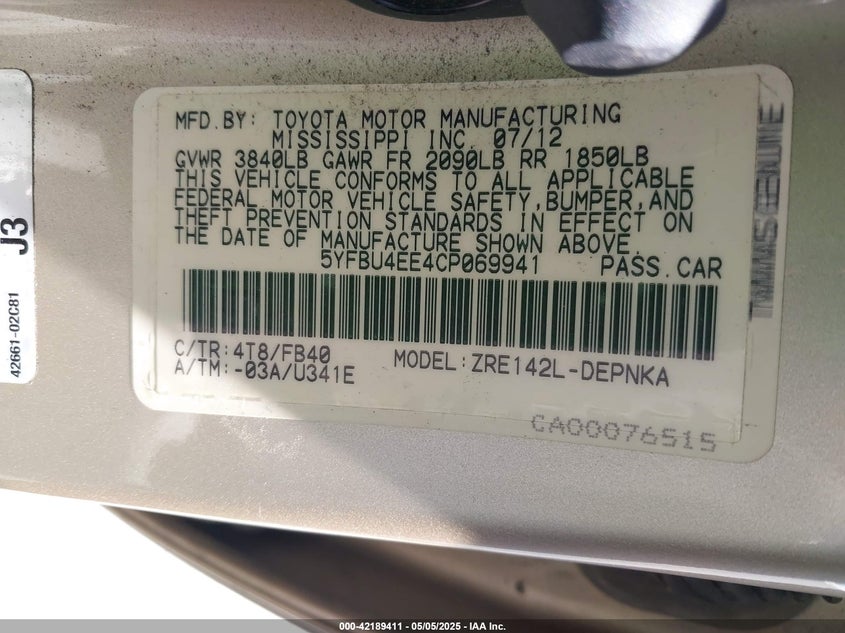2012 TOYOTA COROLLA VIN: 5YFBU4EE4CP069941