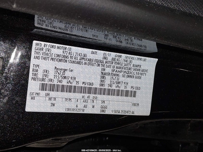 2012 FORD FOCUS VIN: 1FAHP3N23CL151871