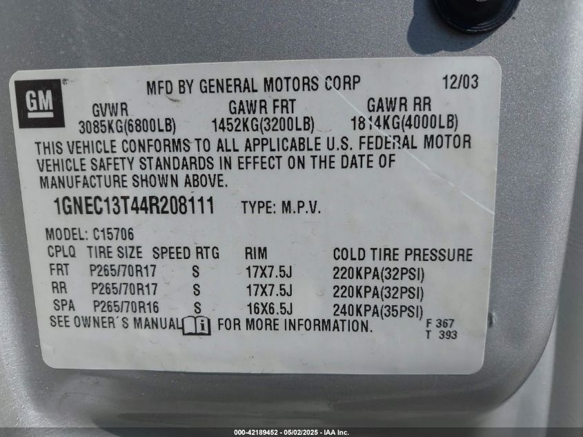 2004 Chevrolet Tahoe Ls VIN: 1GNEC13T44R208111 Lot: 42189452