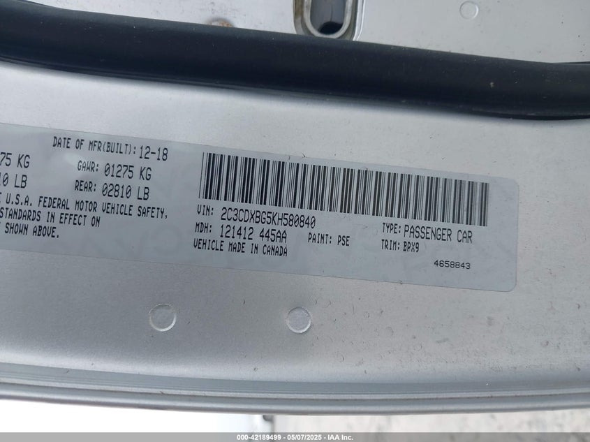 VIN 2C3CDXBG5KH580840 2019 DODGE CHARGER SXT RWD